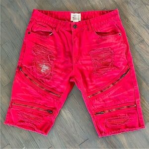 Smoke Rise Red Distressed Ripped Shorts Y2K Patched Grunge Baggy EMO Punk siz 36